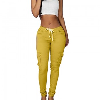 Spring Lace Up Waist Casual Women Pants Solid Pencil Pants Multi-Pockets White Yellow Red Black Wine Green Khaki
